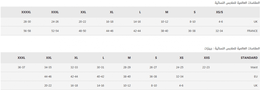 جدول مقاسات فوغا كلوسيت